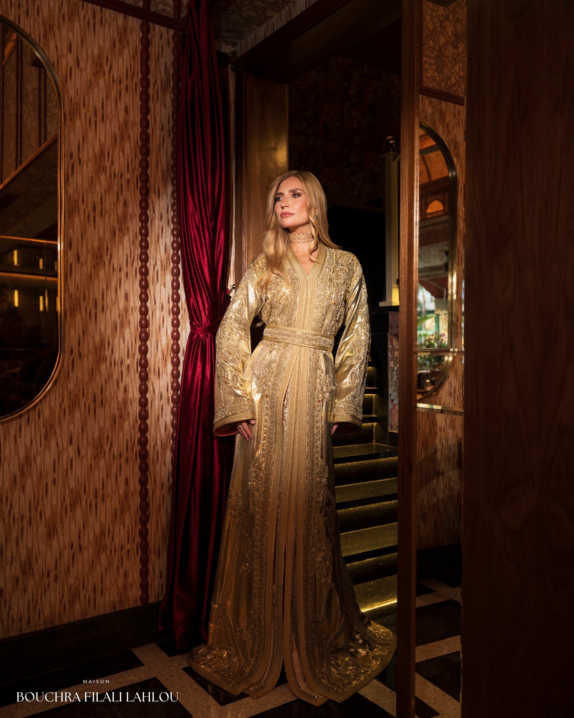 Golden Overture Moroccan kaftan with metallic embroidery, belted waist and wide sleeves