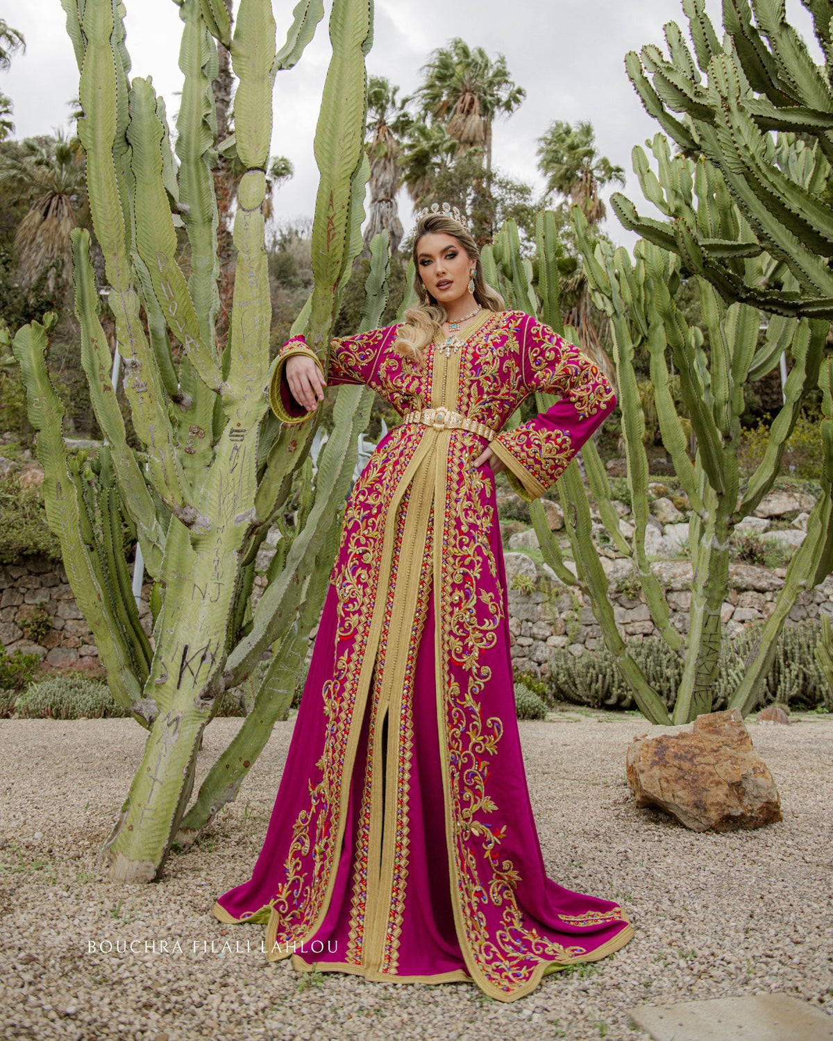 Imperial Fuchsia embroidery detail on luxury Moroccan kaftan