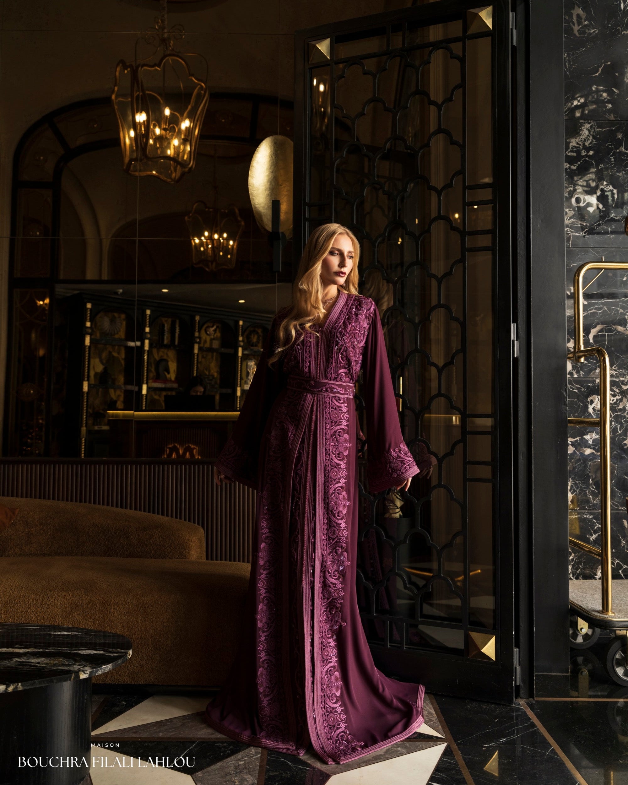 Amethyst Dusk Moroccan kaftan in deep violet with tonal embroidery and defined waist