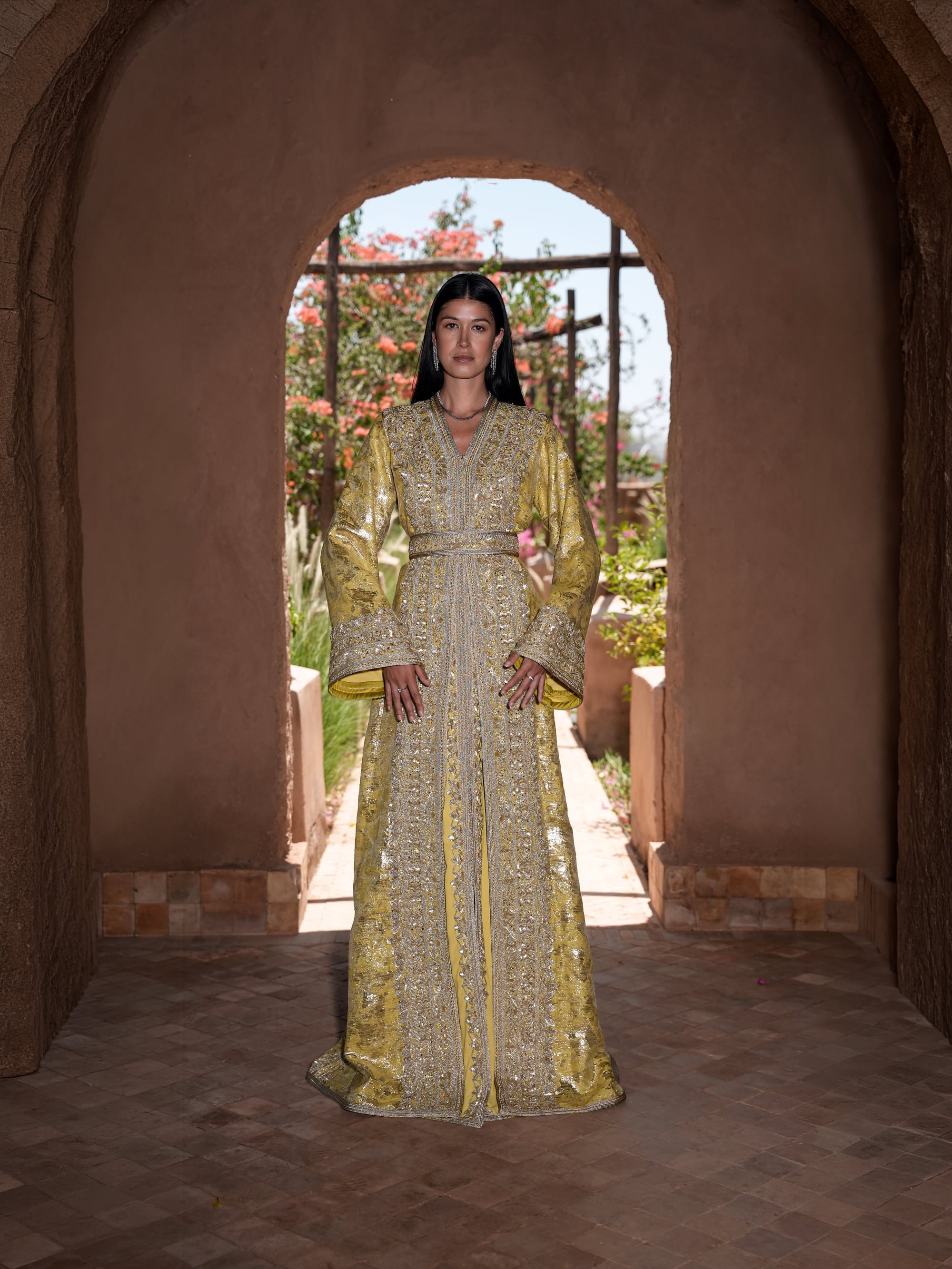 Citron Prelude anise yellow brocade lamé Moroccan kaftan with silver embroidery, full-length view