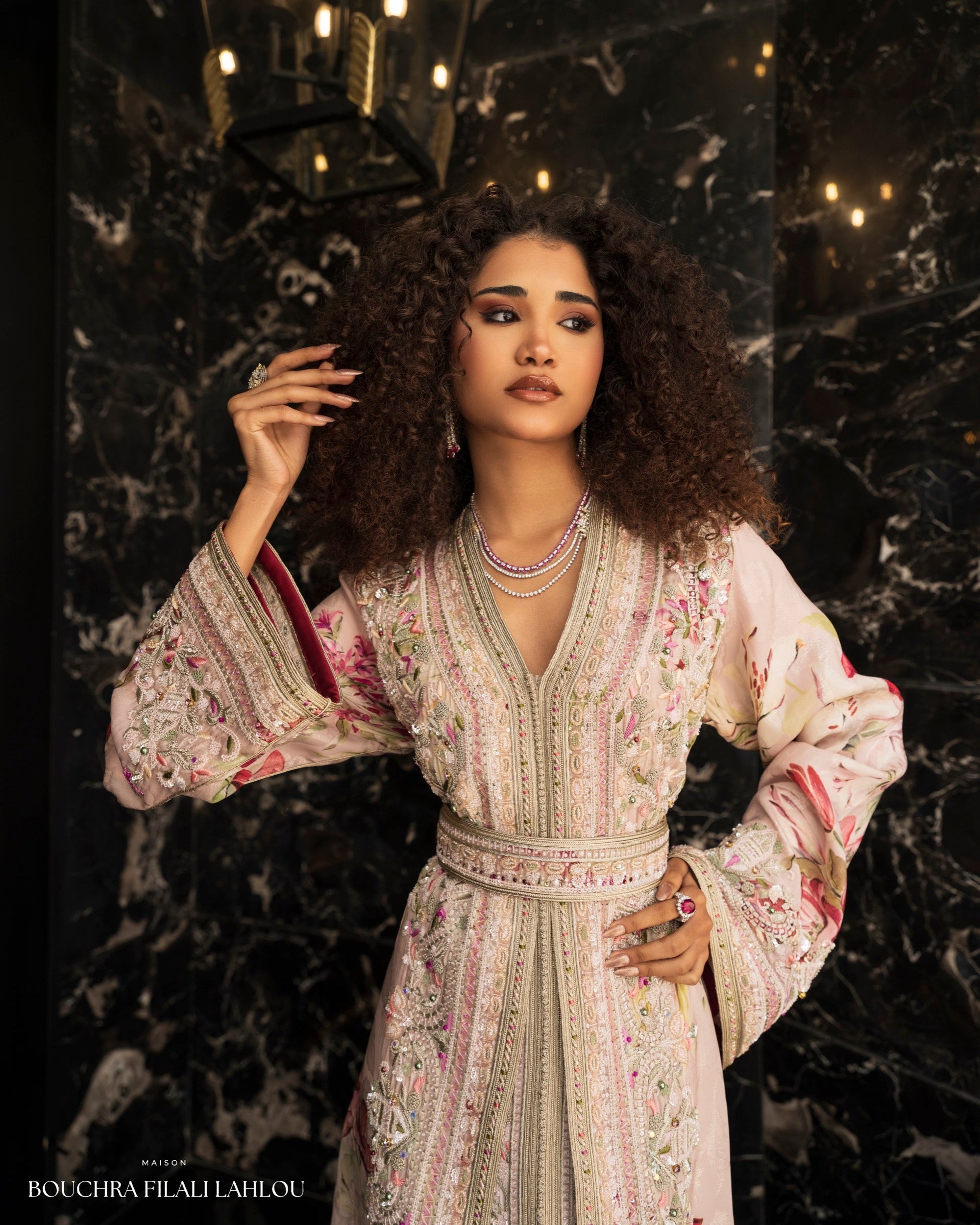 Petal Mirage Moroccan kaftan with floral sleeves, ornate embroidery and defined waist