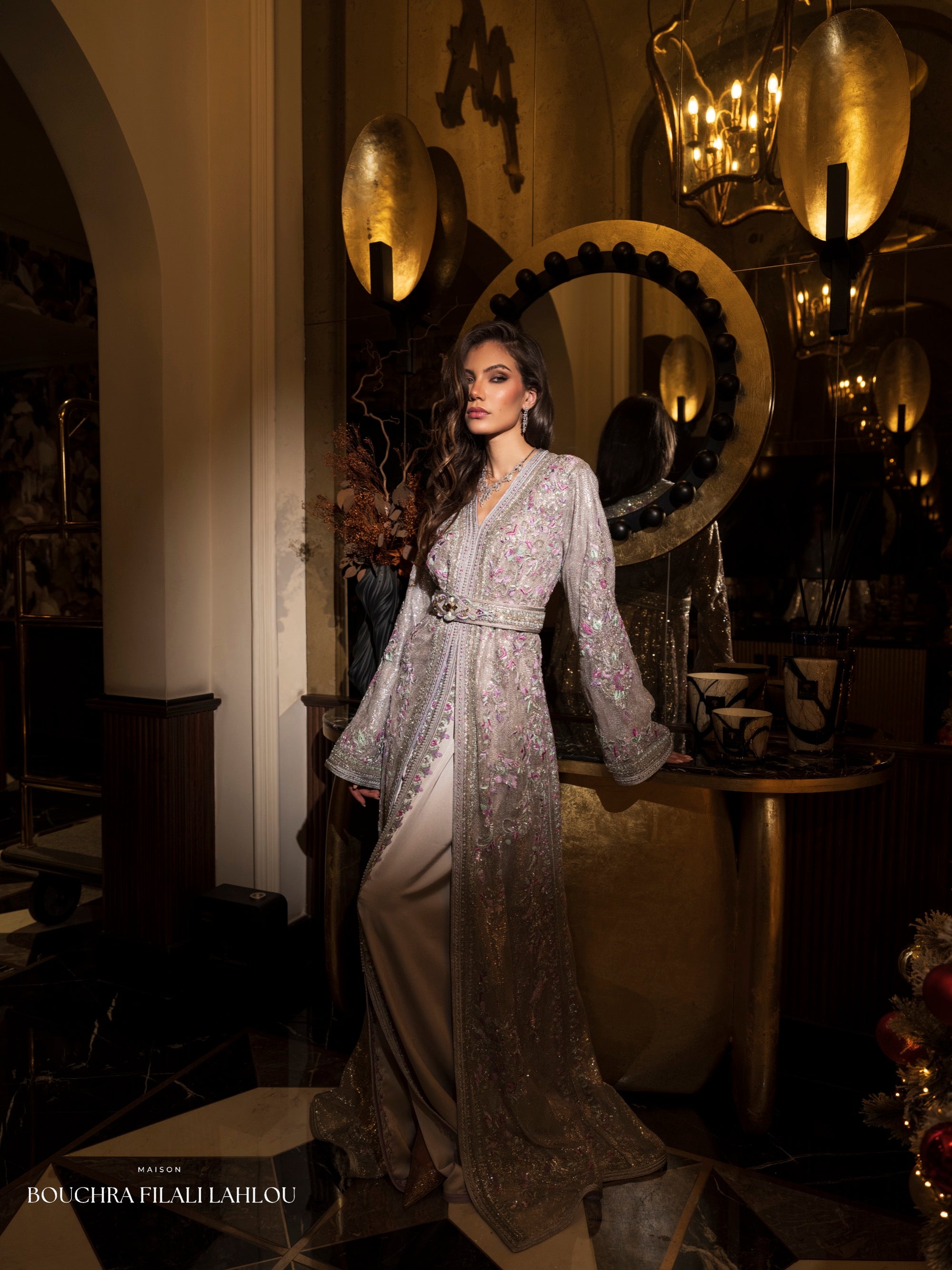 Full length silver kaftan with refined floral embroidery and wedding elegance