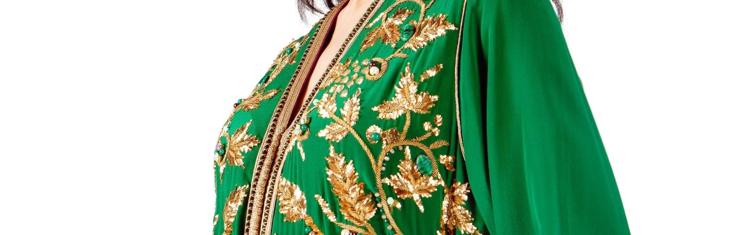 Emerald Moroccan kaftan dress with gold floral hand embroidery down the placket