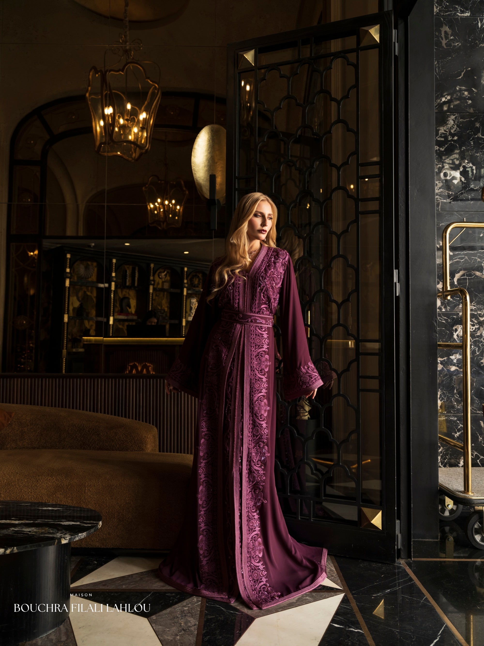 Amethyst Dusk Moroccan kaftan in deep violet with tonal embroidery and defined waist