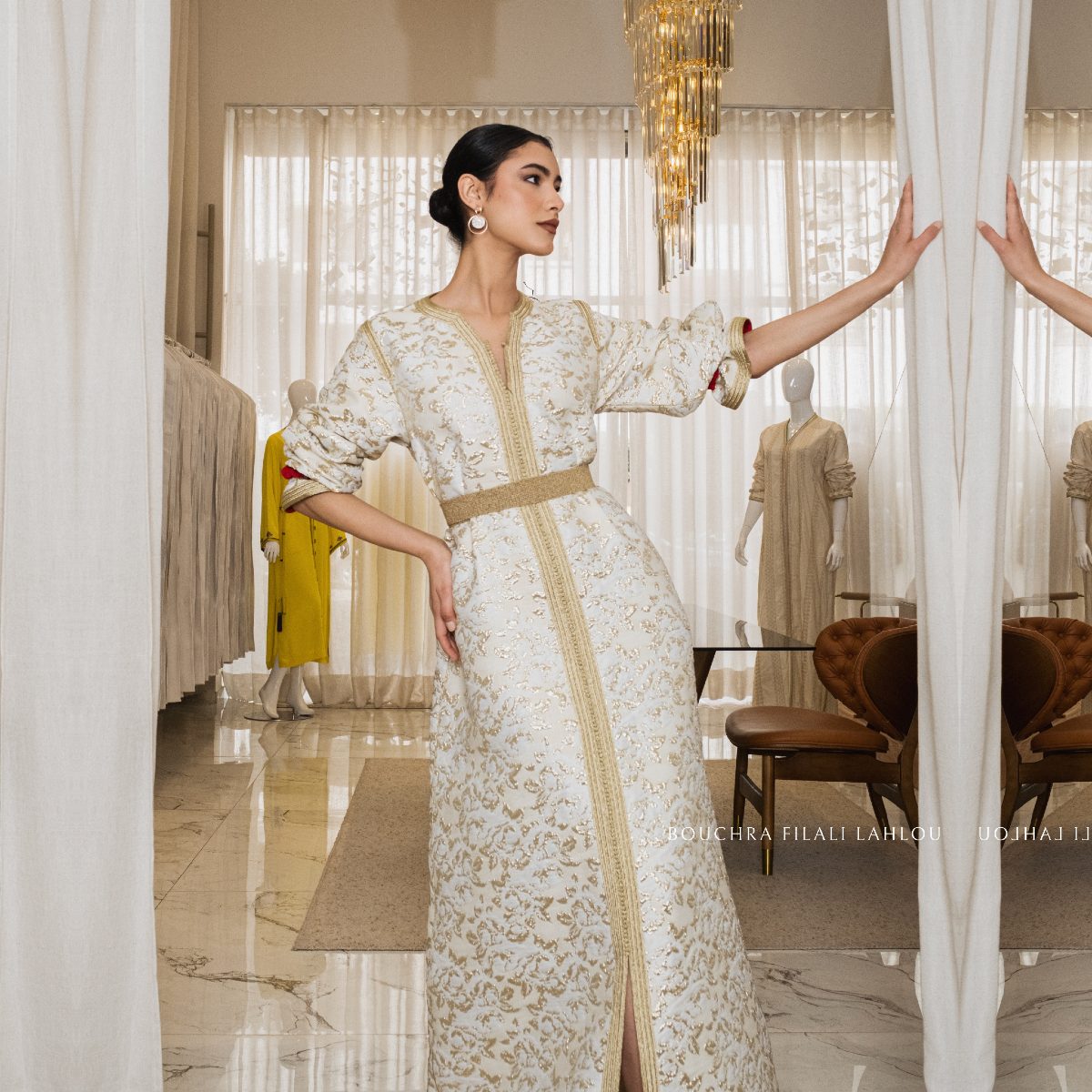 Ivory Dawn one-piece kaftan in ivory with gold embroidery, full-length front view