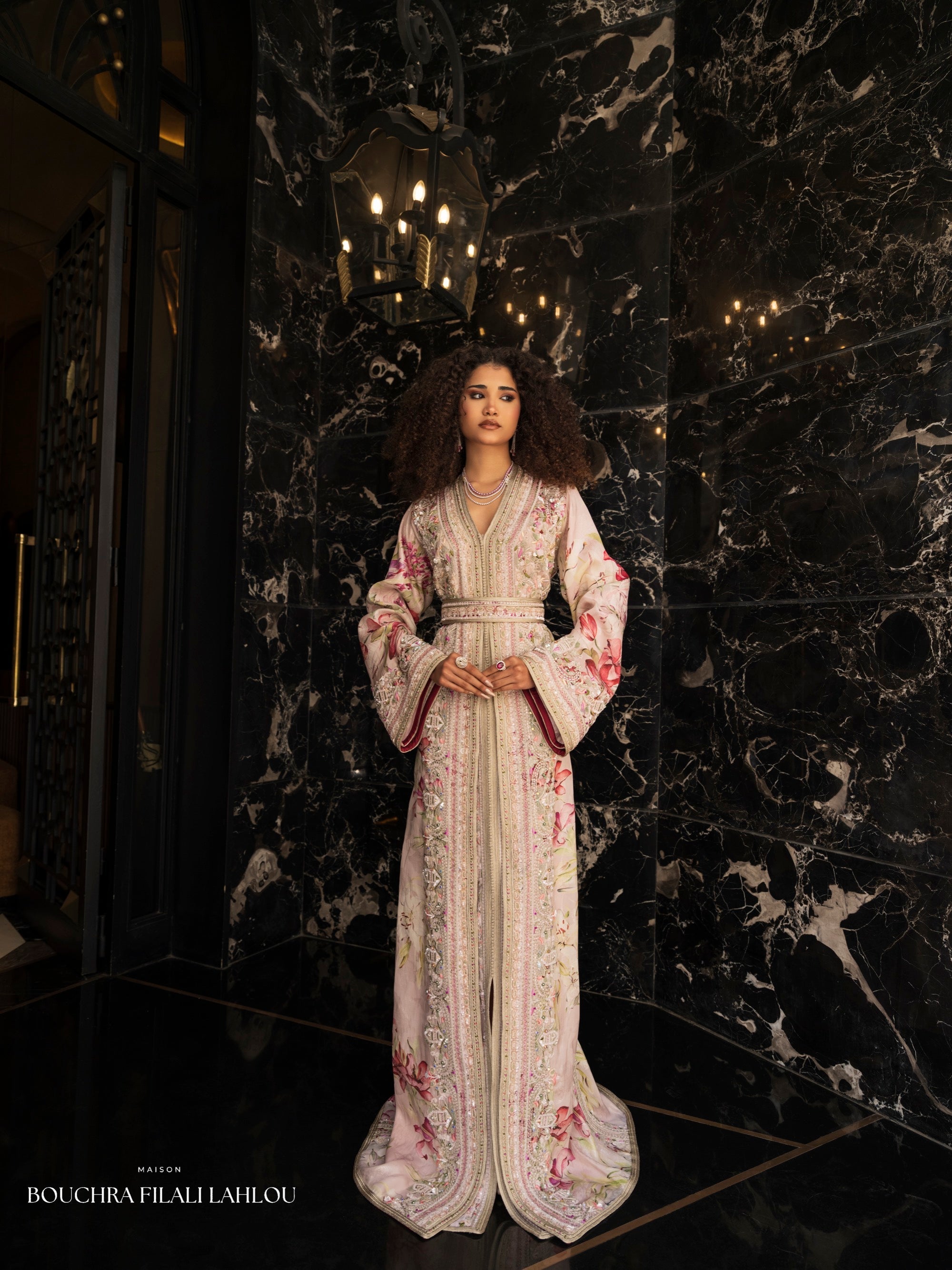 Full length floral kaftan silhouette with refined embroidery and bridal Moroccan elegance