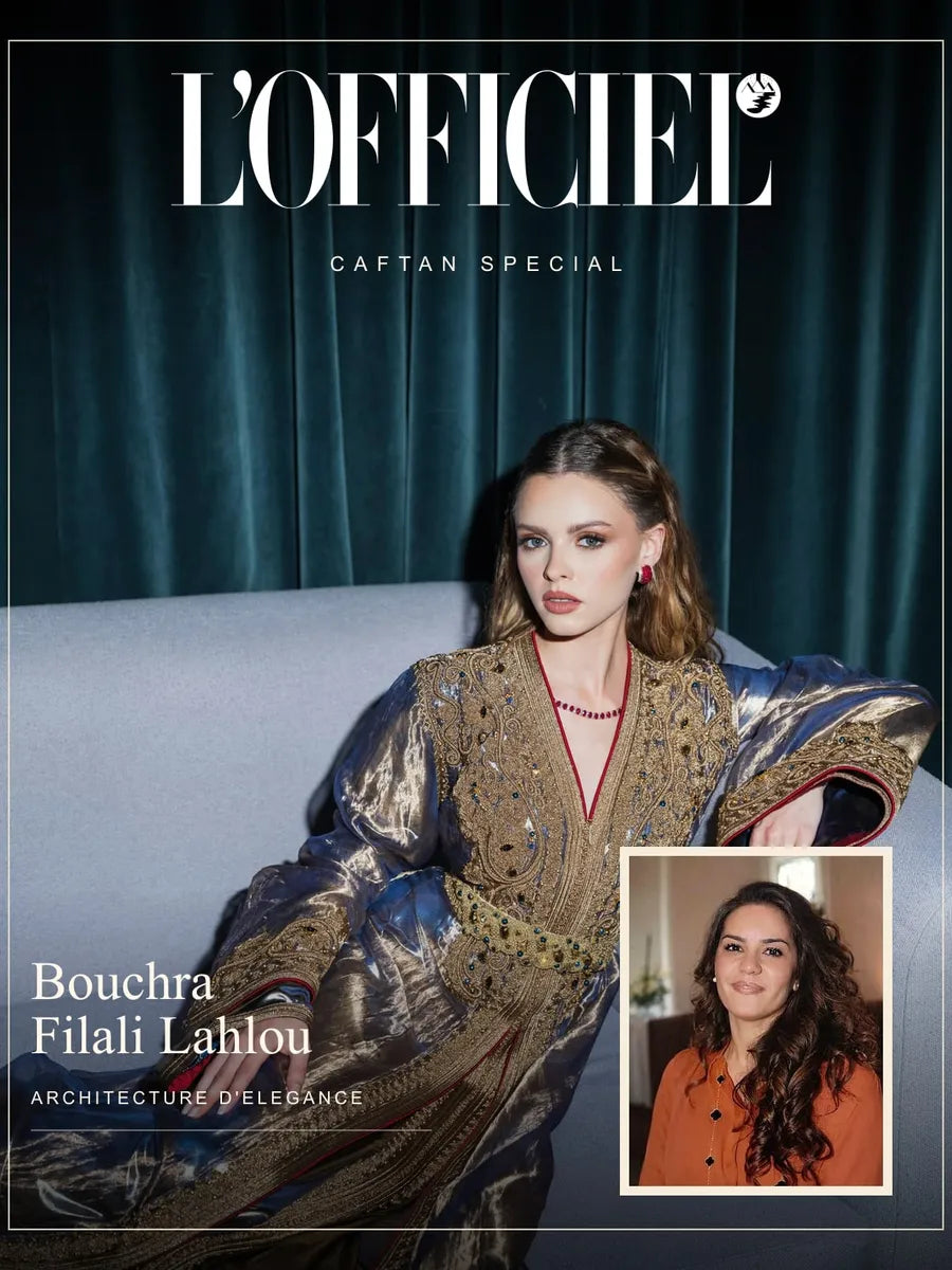 L'Officiel style cover featuring Bouchra Filali Lahlou and Sapphire Dusk Moroccan kaftan
